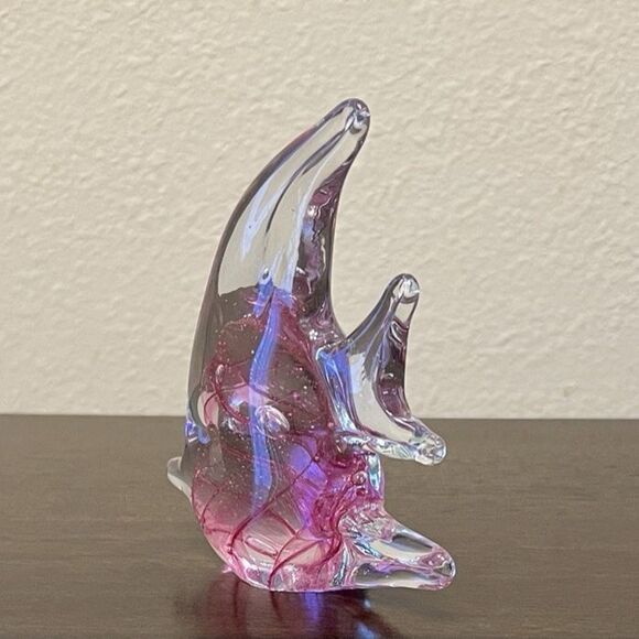 Art Glass Angel Fish Hand Blown Murano Style Paperweight Figurine Pink Swirls - Picture 5 of 8